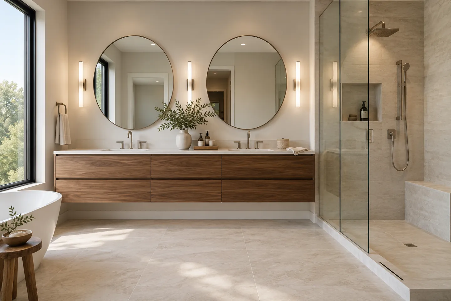 Walnut double vanity and glass shower design inspiration