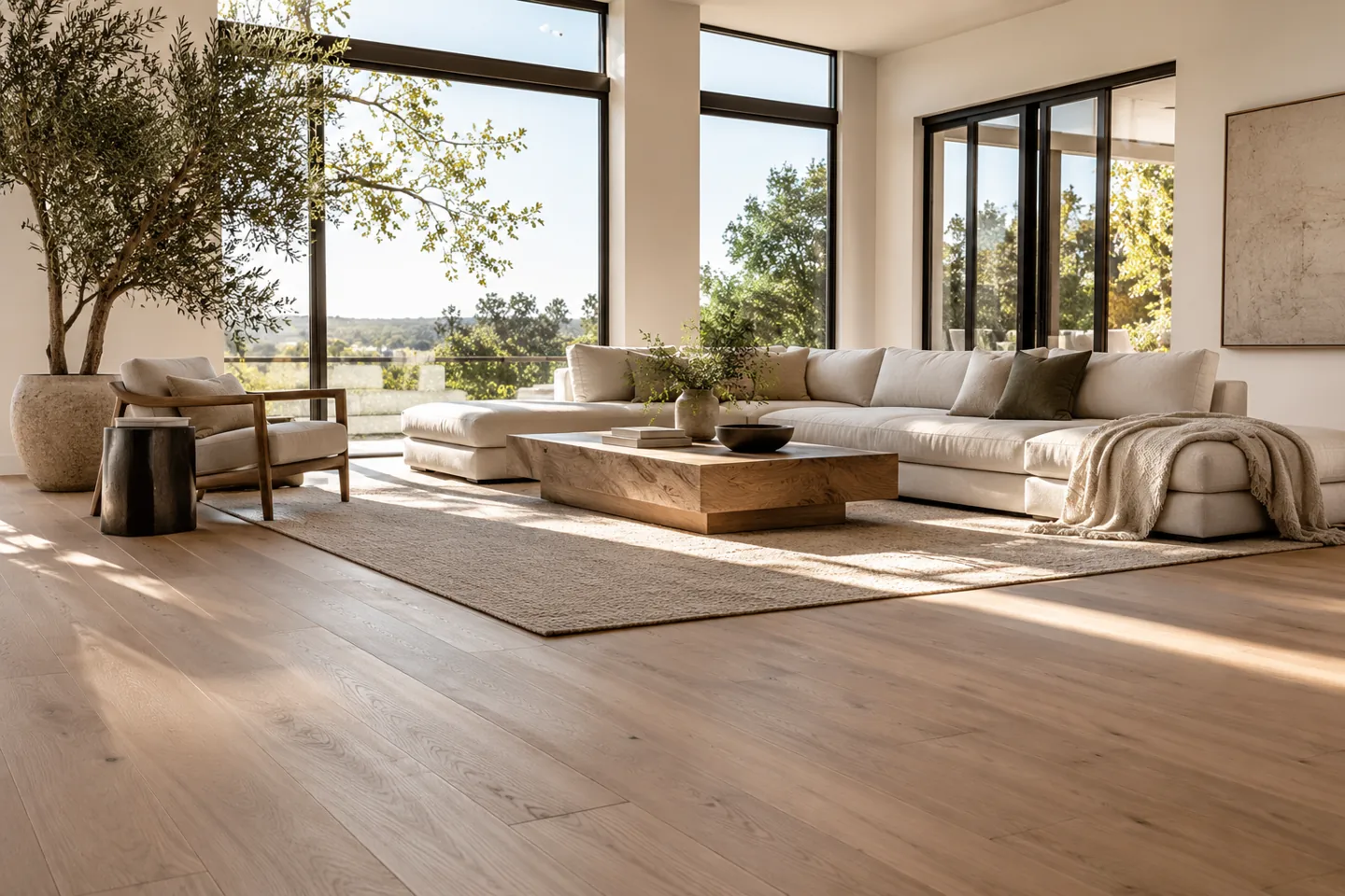 Warm oak plank flooring in a contemporary living room — design inspiration